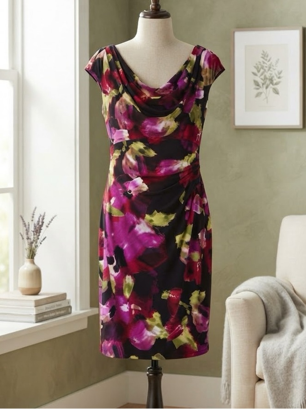 Ralph Lauren Magenta and Black Floral Cowl-Neck Sheath Dress